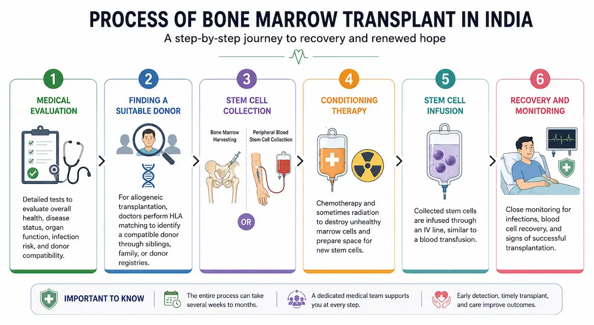 Six-step timeline of the bone marrow transplant process