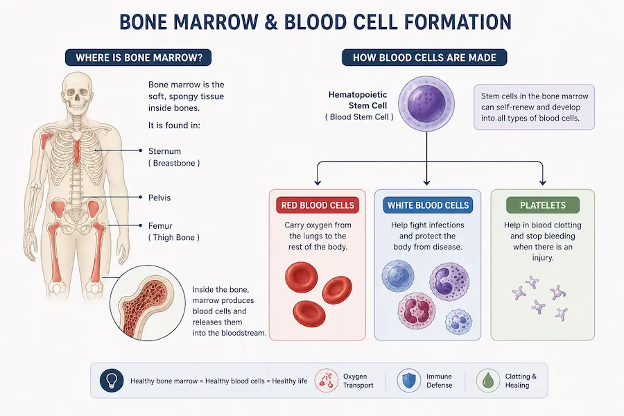 Diagram of bone marrow location and stem cell differentiation into blood cells