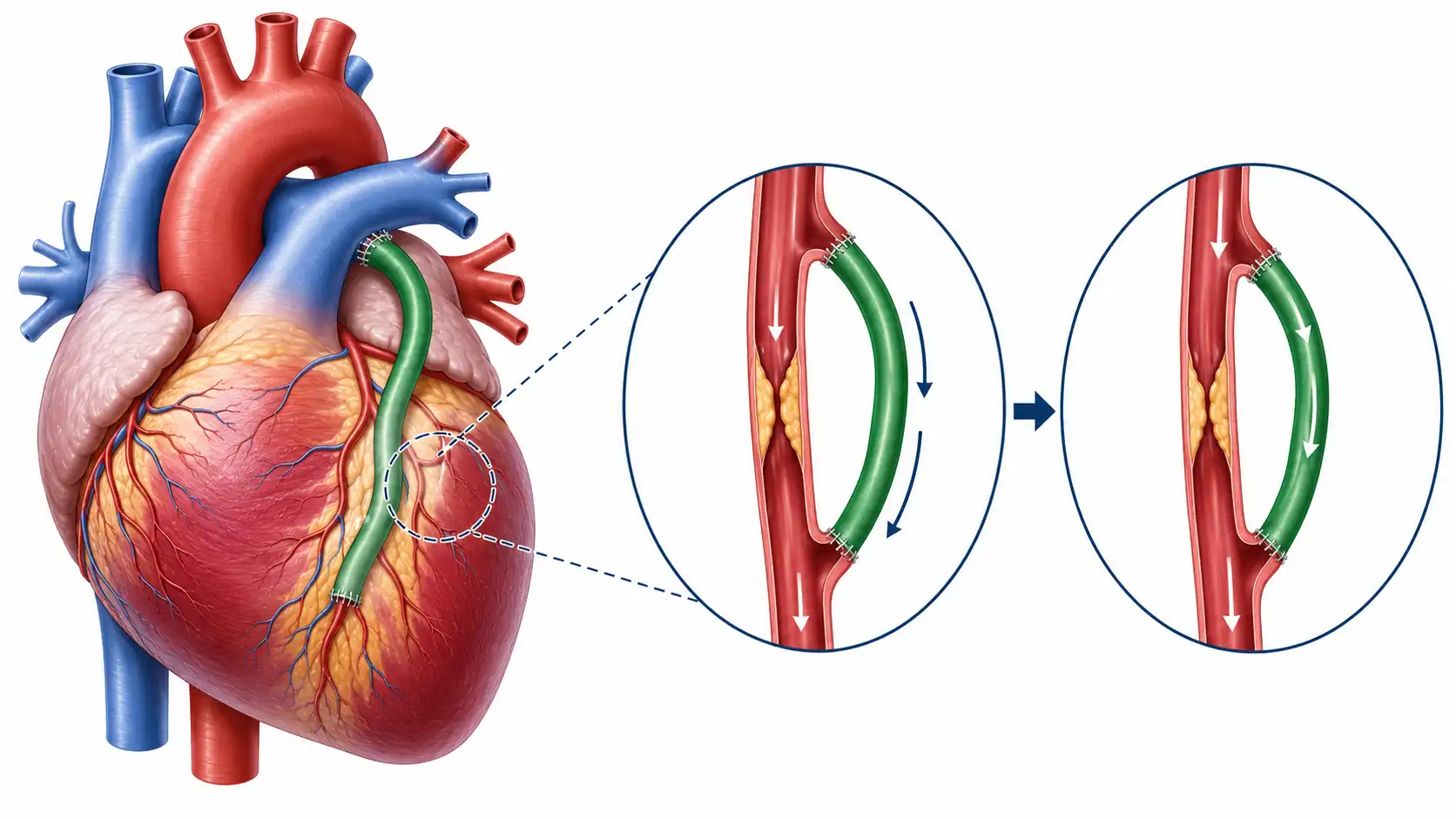 Diagram of CABG bypass graft restoring blood flow around blocked coronary artery