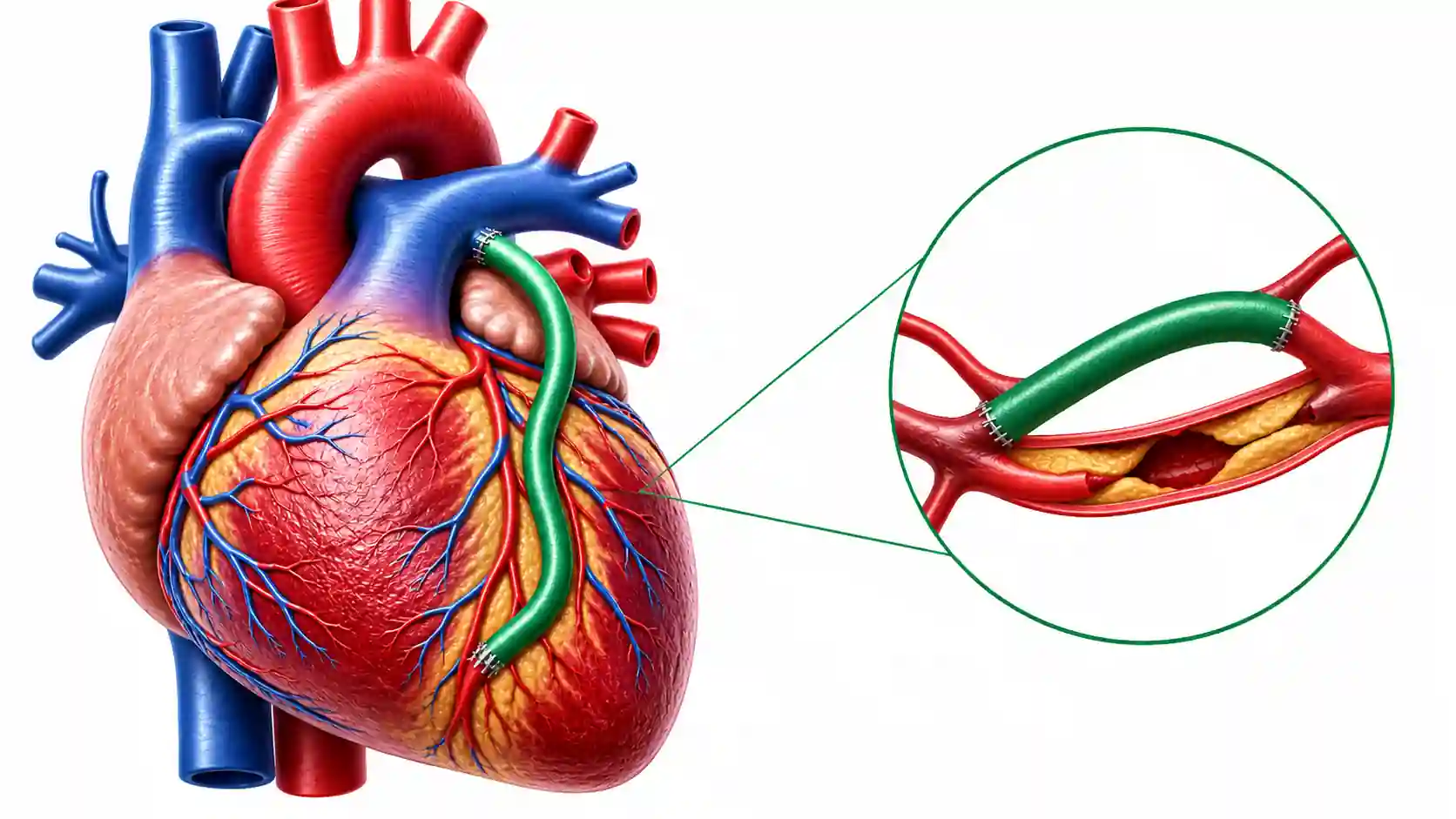 Coronary artery bypass surgery (CABG) illustration showing blocked heart artery and bypass graft