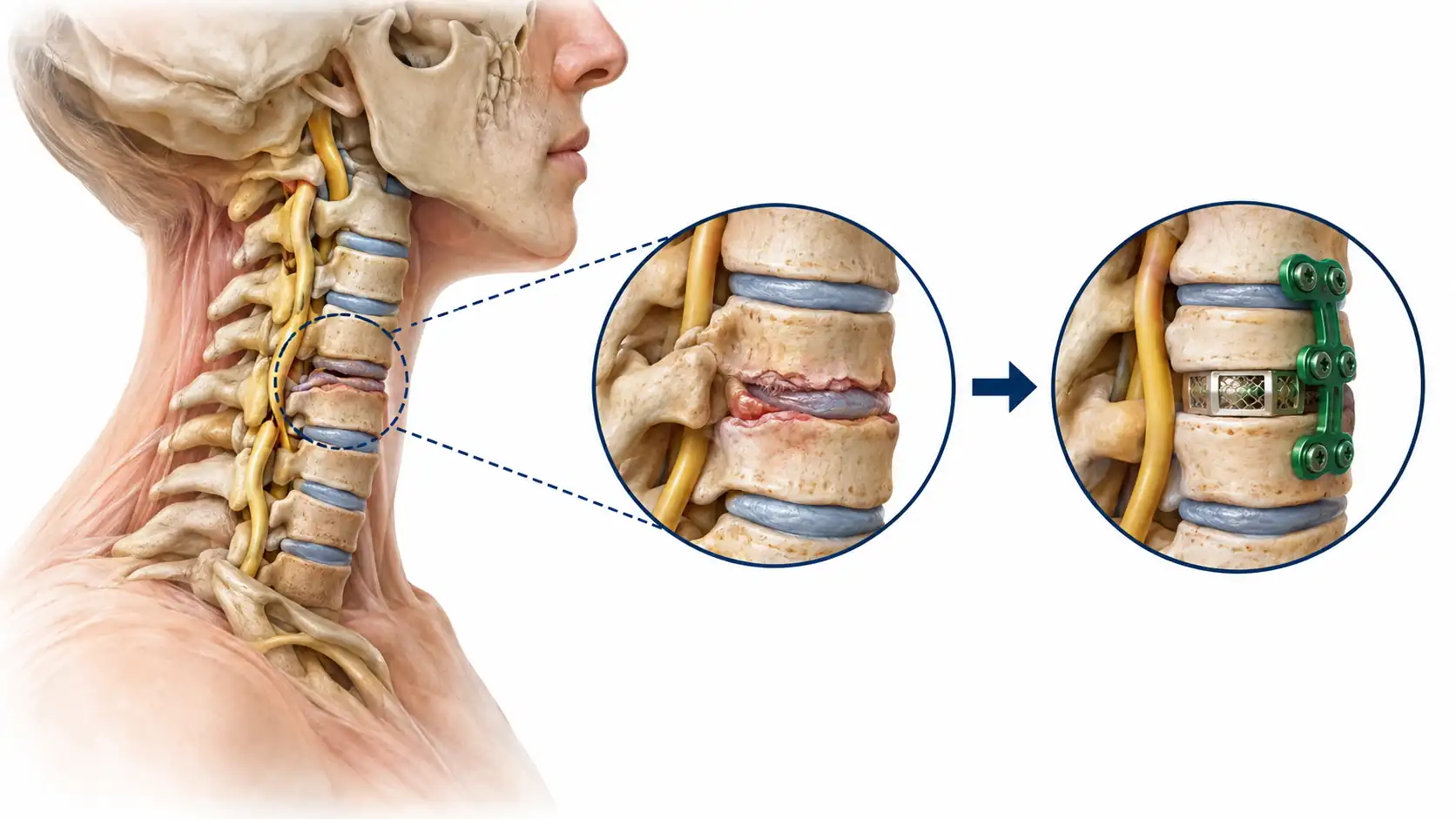 Diagram of ACDF surgery showing disc removal and titanium plate fixation from the front of the neck