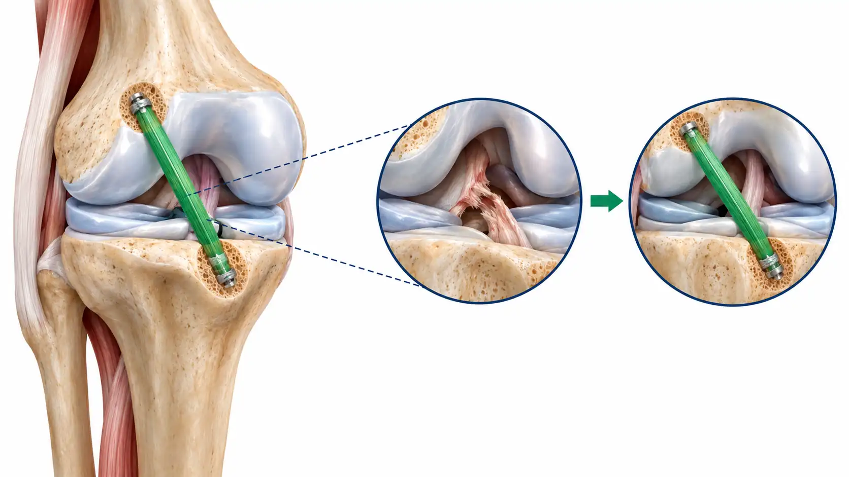 Diagram of ACL graft reconstruction showing tunnel placement and graft fixation in the knee