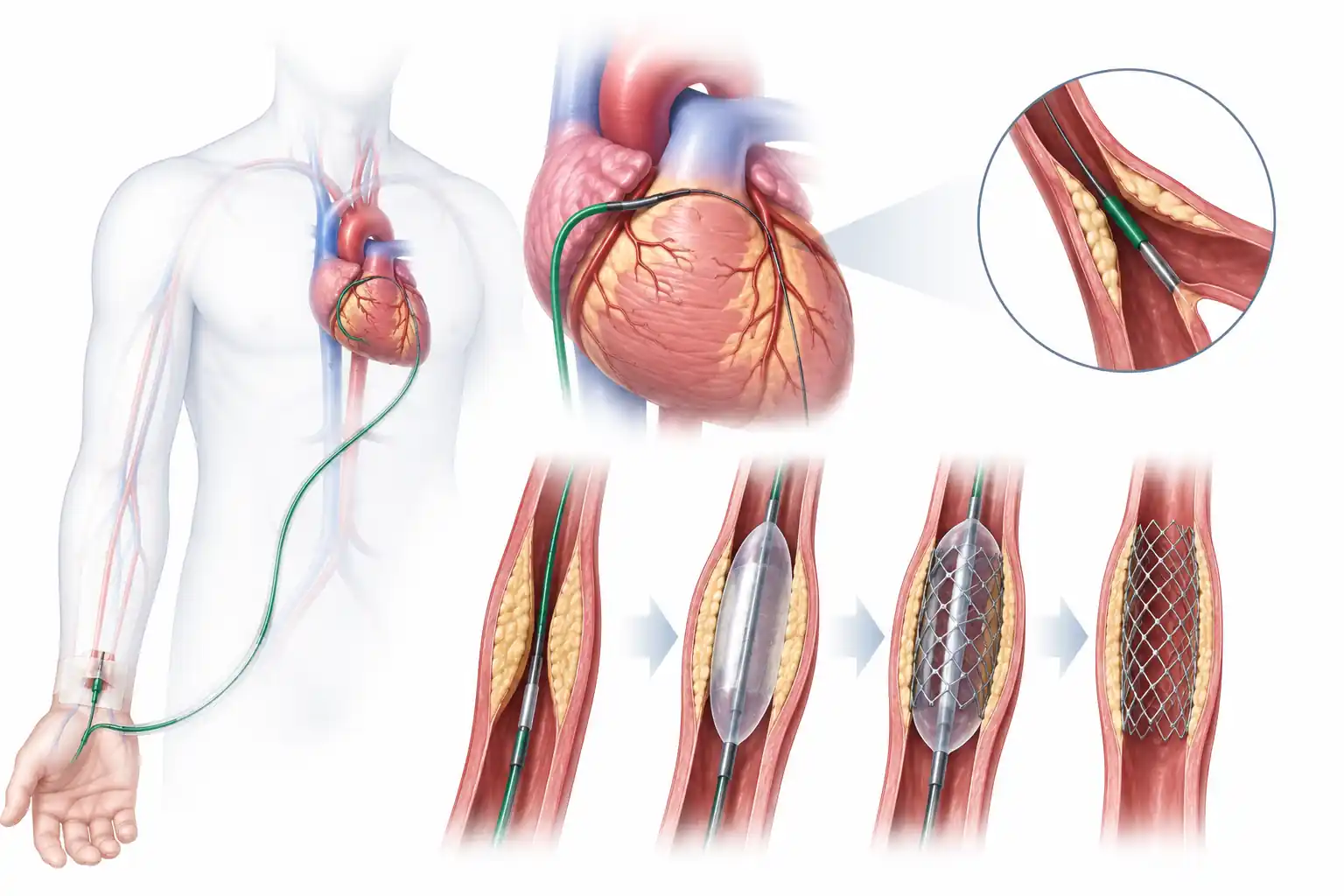 Coronary angioplasty with stent PCI illustration showing balloon opening a blocked heart artery