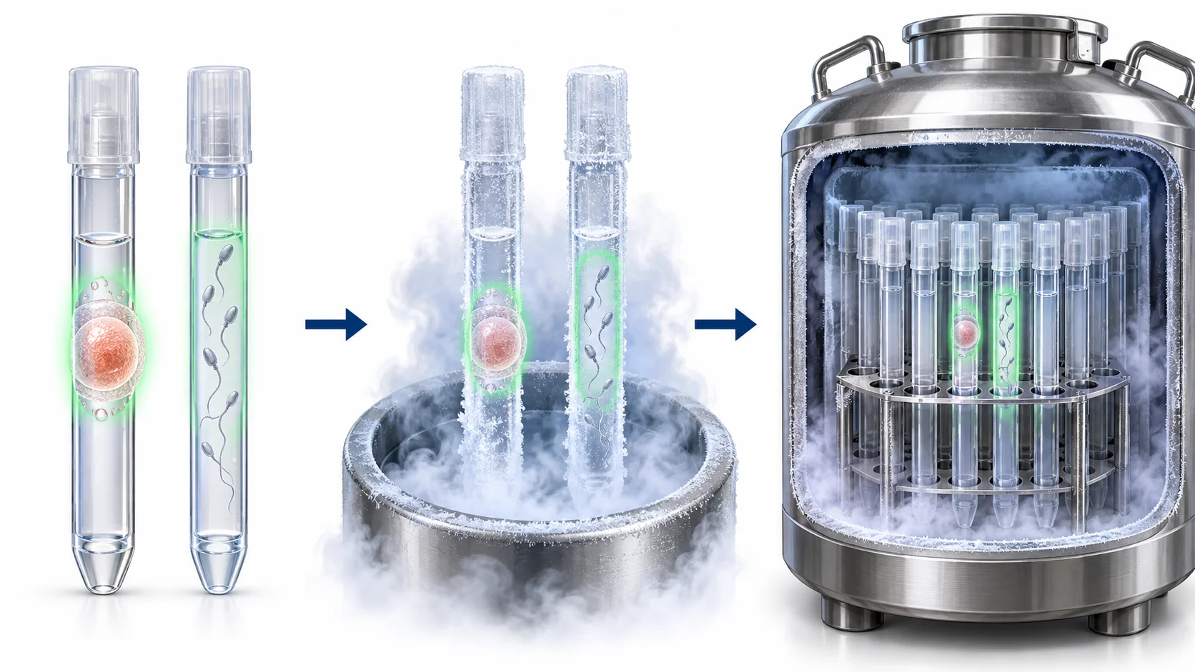 Diagram of egg and sperm vitrification and long-term cryopreservation storage