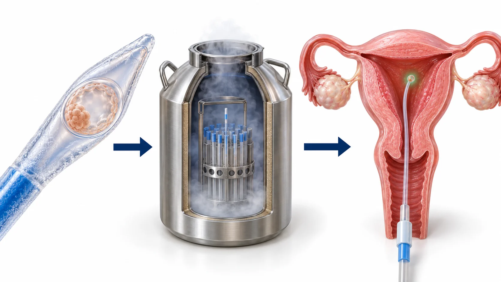 Diagram of embryo vitrification, storage and thawing before frozen embryo transfer