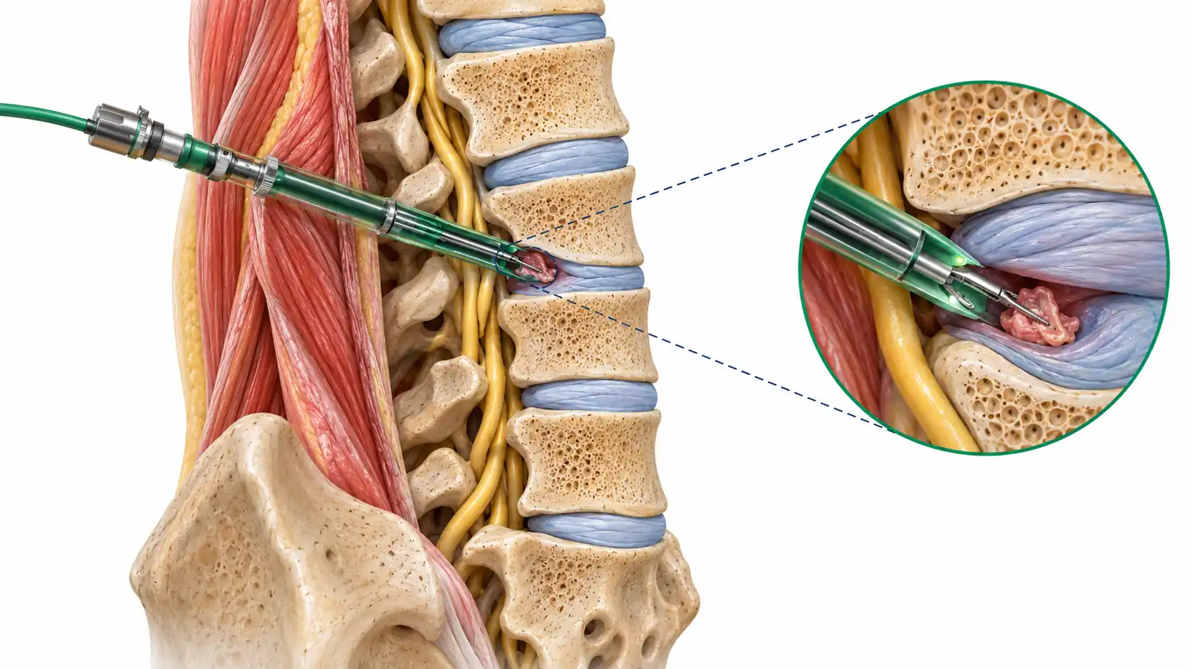 Diagram of endoscopic spine surgery showing a small working tube accessing a herniated disc