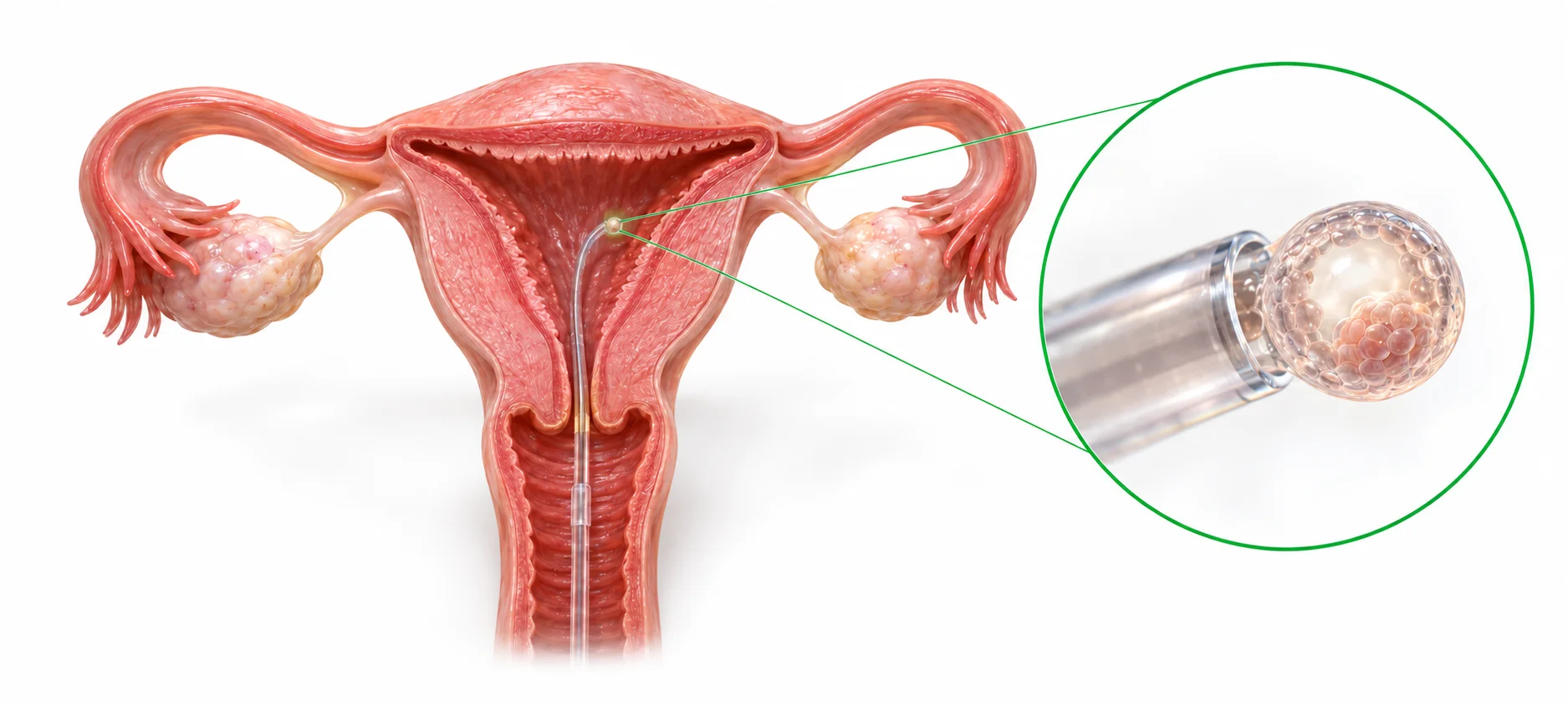 Frozen embryo transfer cost in India illustration showing a thawed embryo being placed in the uterus