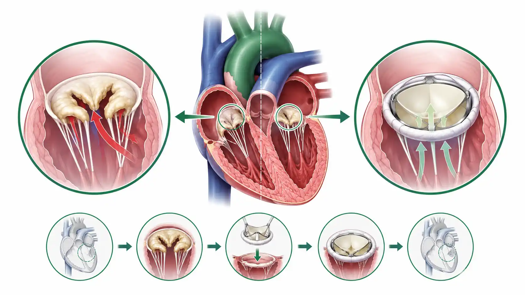 Diagram of heart valve replacement showing damaged valve being replaced with a prosthetic valve