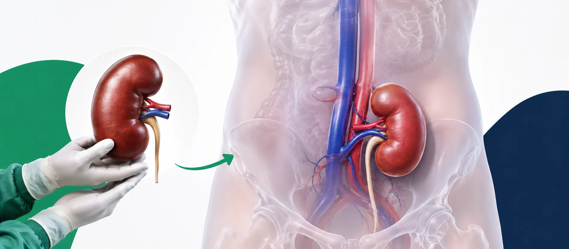 Kidney transplant cost in India — illustration showing a healthy donor kidney placed in the recipient's body