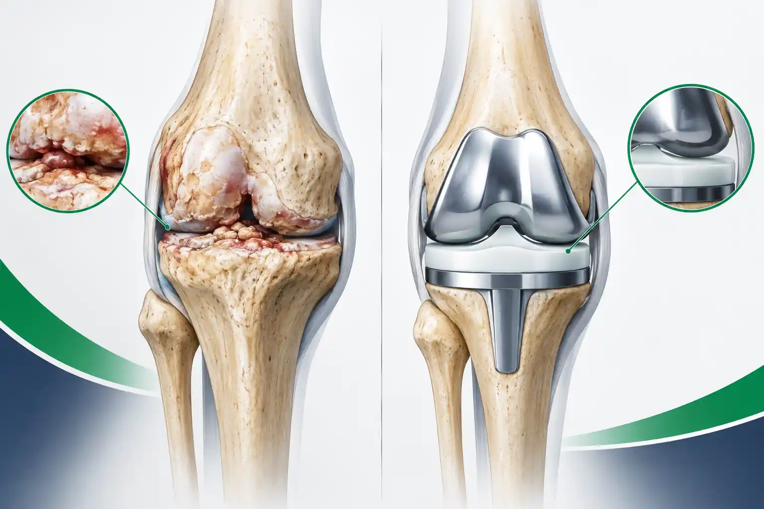 Knee replacement cost in India — illustration showing worn knee joint and new implant components