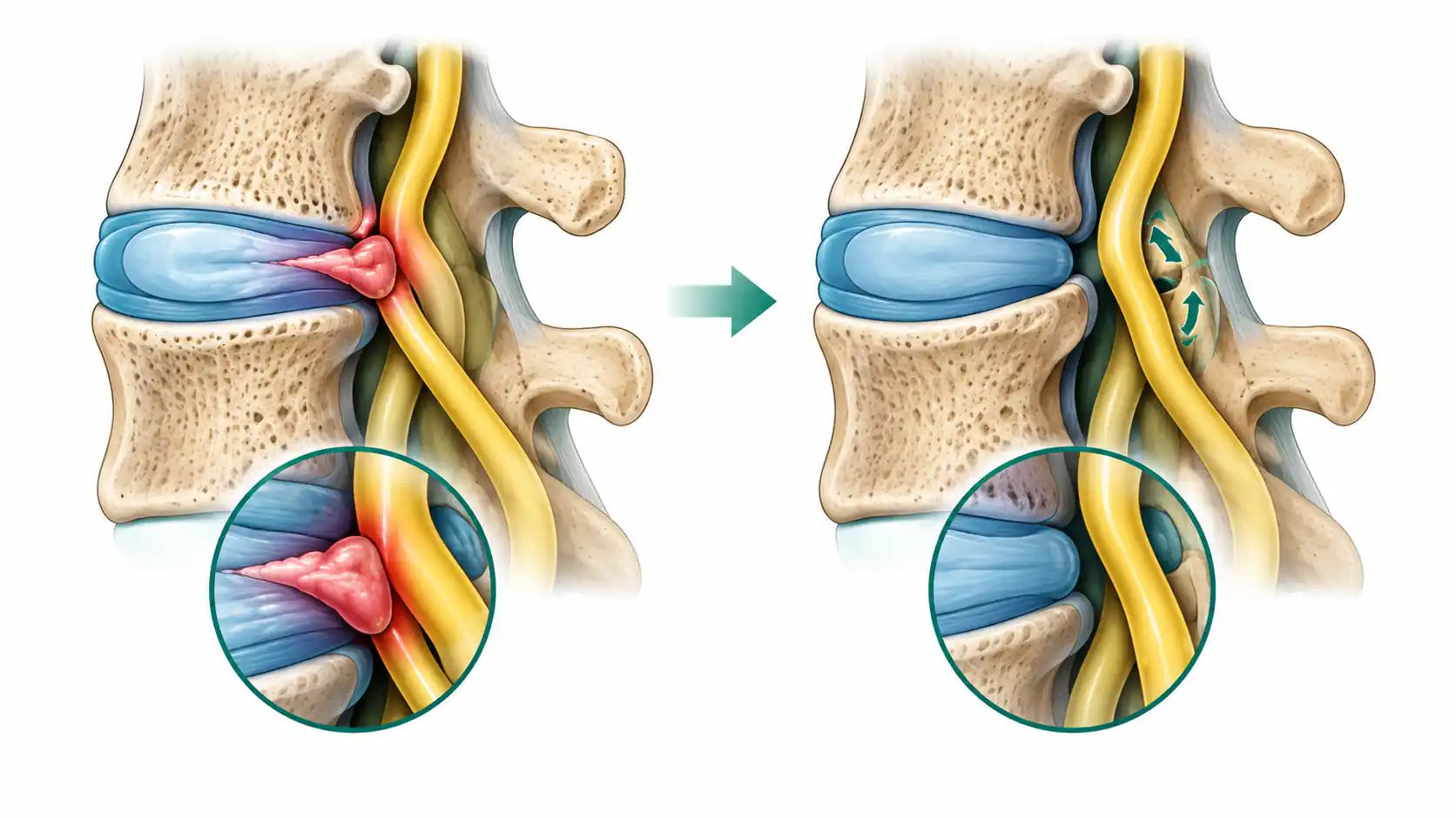 Diagram of microdiscectomy surgery removing herniated disc fragment to relieve nerve compression