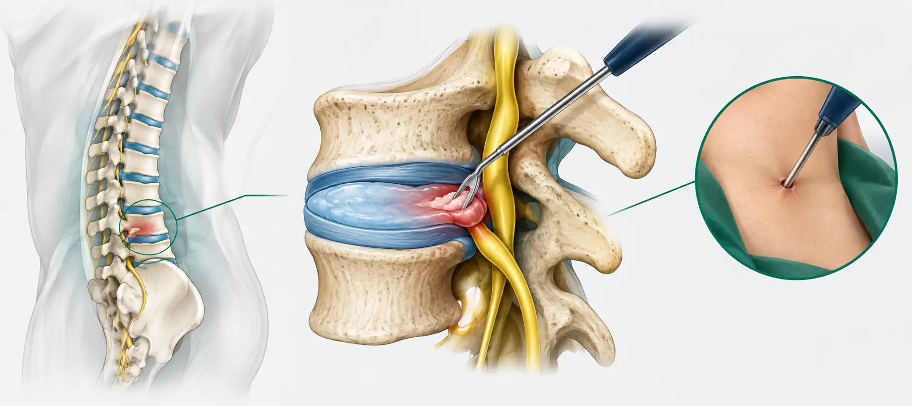Microdiscectomy cost in India illustration showing keyhole removal of herniated disc material pressing on a spinal nerve