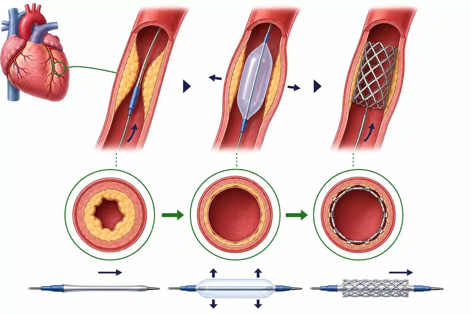 Diagram of balloon angioplasty and stent placement opening a blocked coronary artery