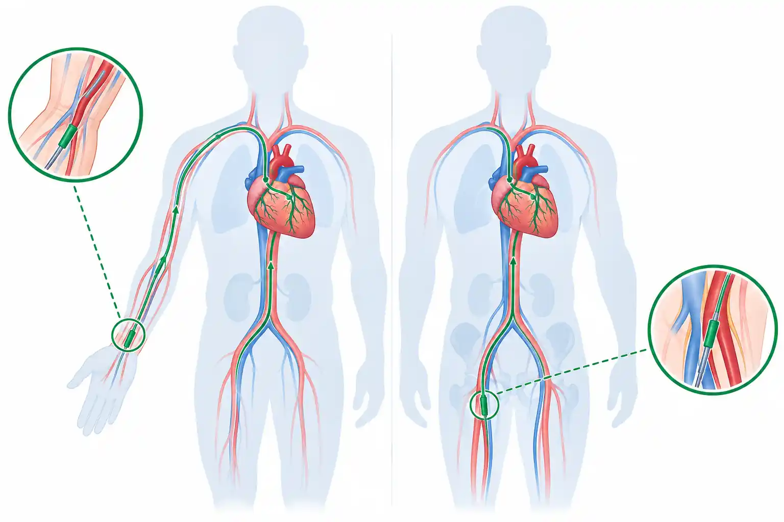 Comparison of radial (wrist) and femoral (groin) access for coronary angioplasty