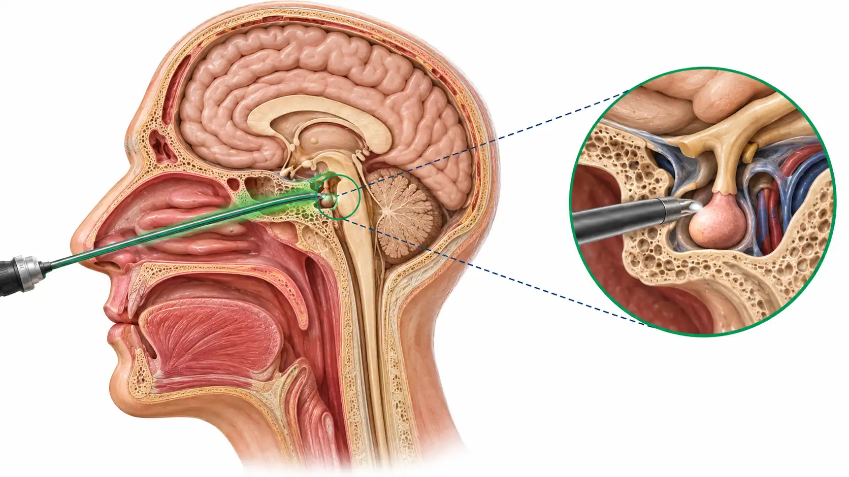 Diagram of endoscopic endonasal pituitary tumor surgery showing the nasal surgical corridor to the sella turcica