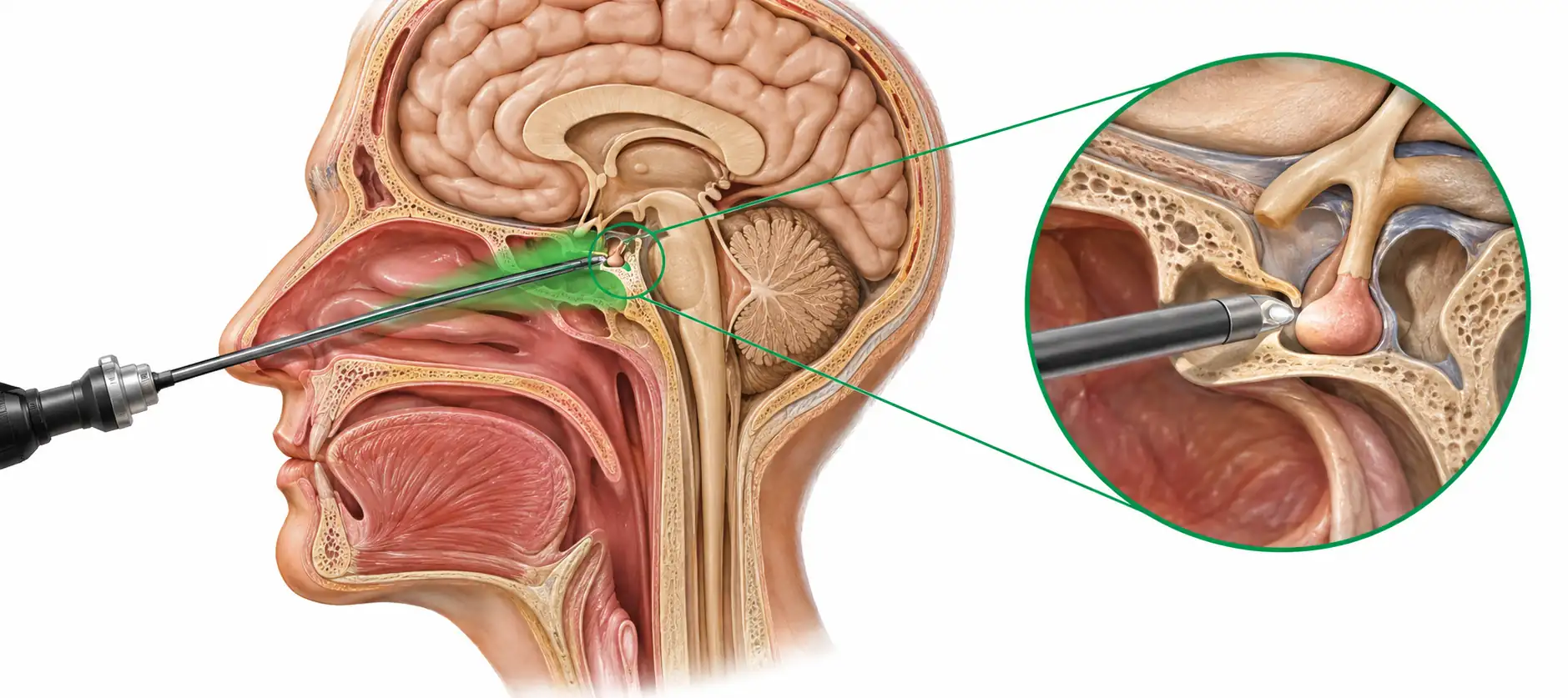 Pituitary tumor surgery cost in India illustration showing endoscopic endonasal access to the pituitary gland