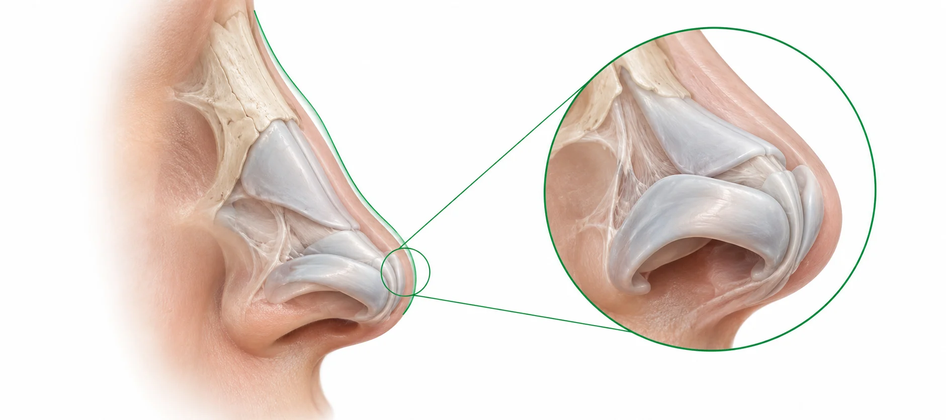 Rhinoplasty nose reshaping illustration showing bone and cartilage framework of the nose