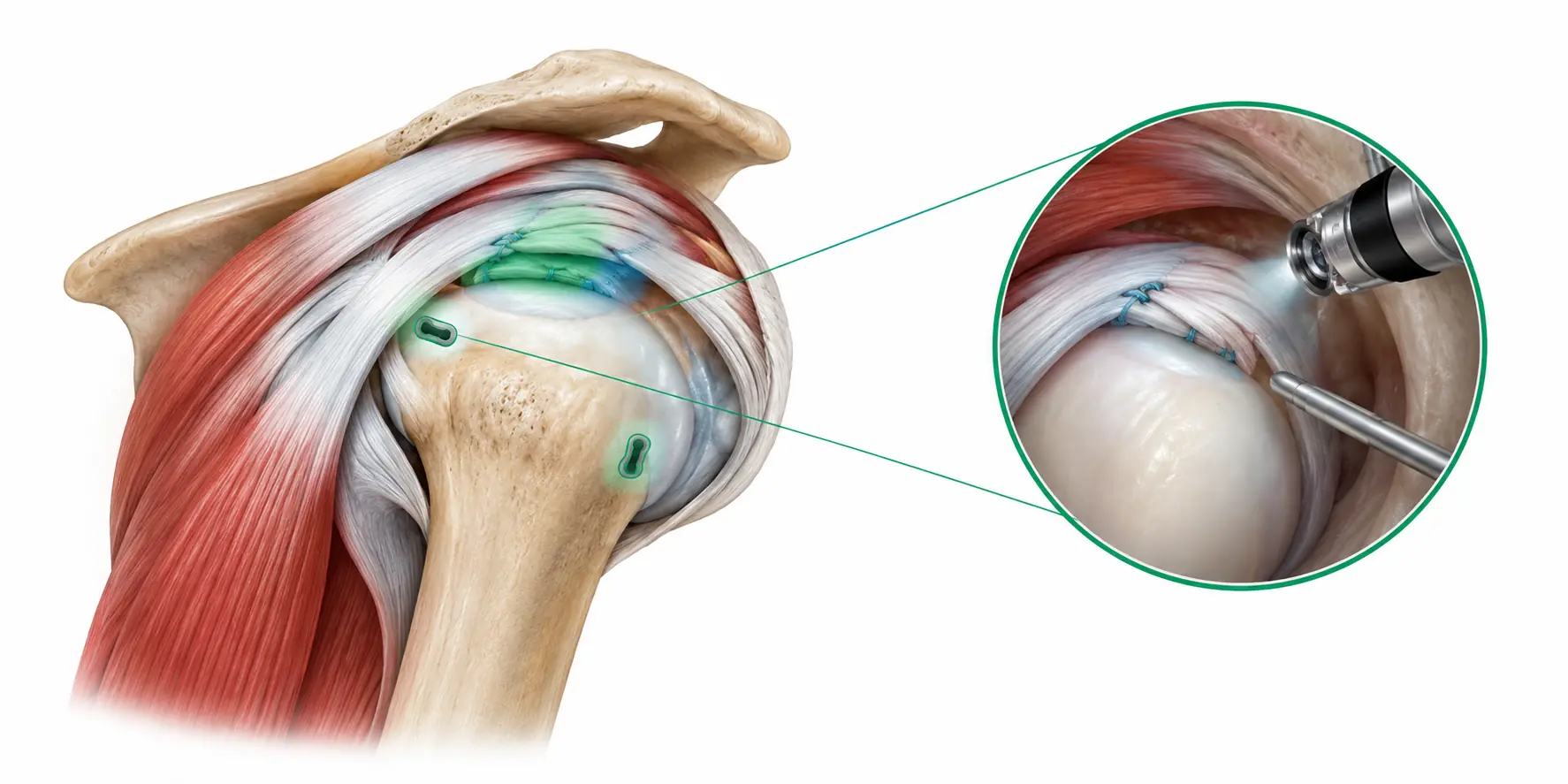 Shoulder arthroscopy keyhole surgery illustration for rotator cuff repair