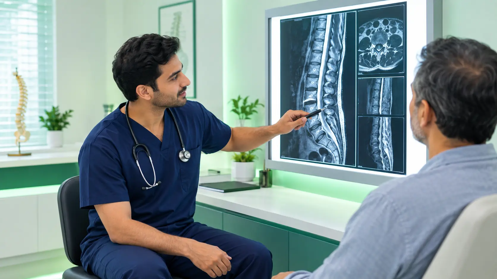 Doctor reviewing spine imaging with a patient before recommending spinal fusion surgery