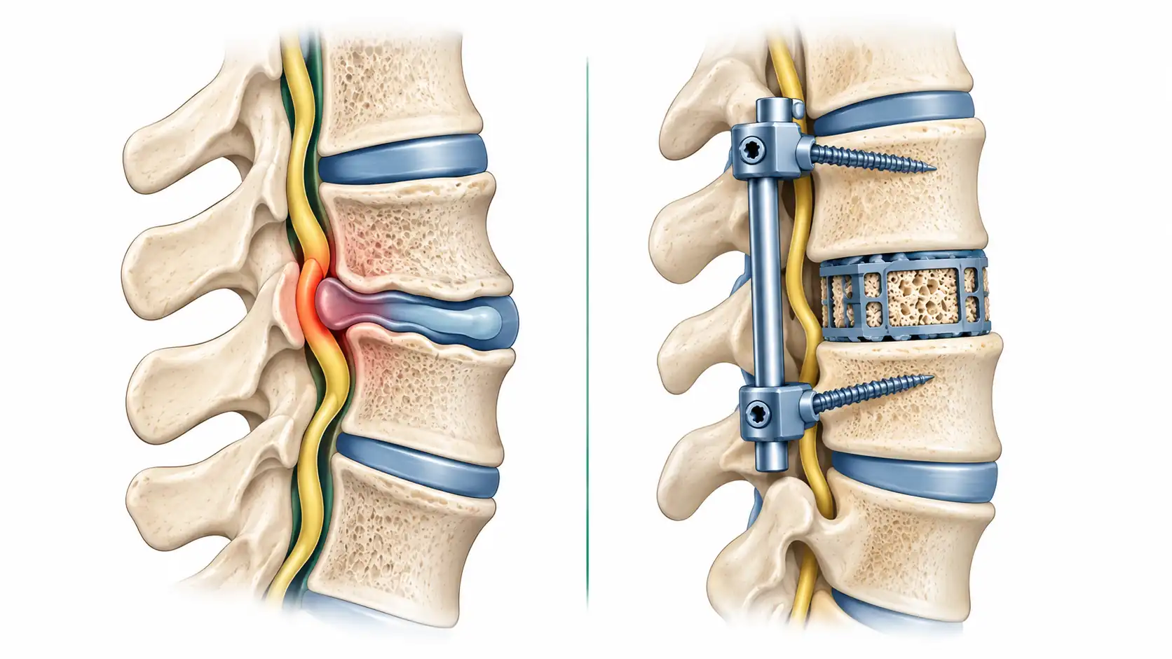 Diagram of spinal fusion surgery joining vertebrae with bone graft, rods and screws