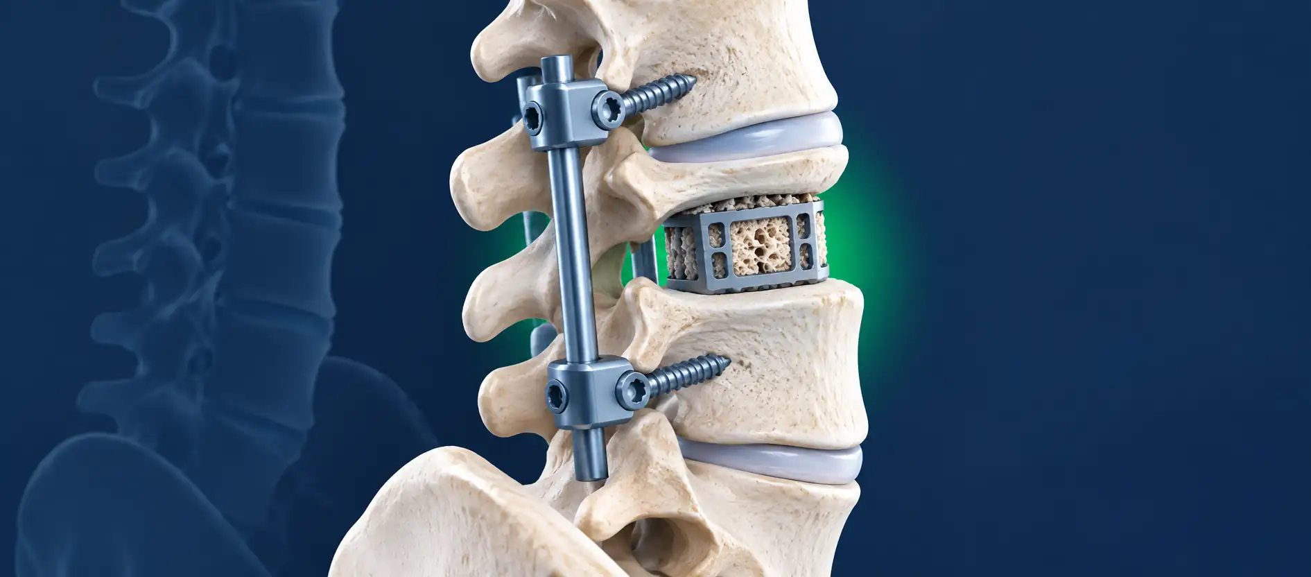 Spine fusion surgery cost in India illustration showing vertebrae stabilised with rods and screws