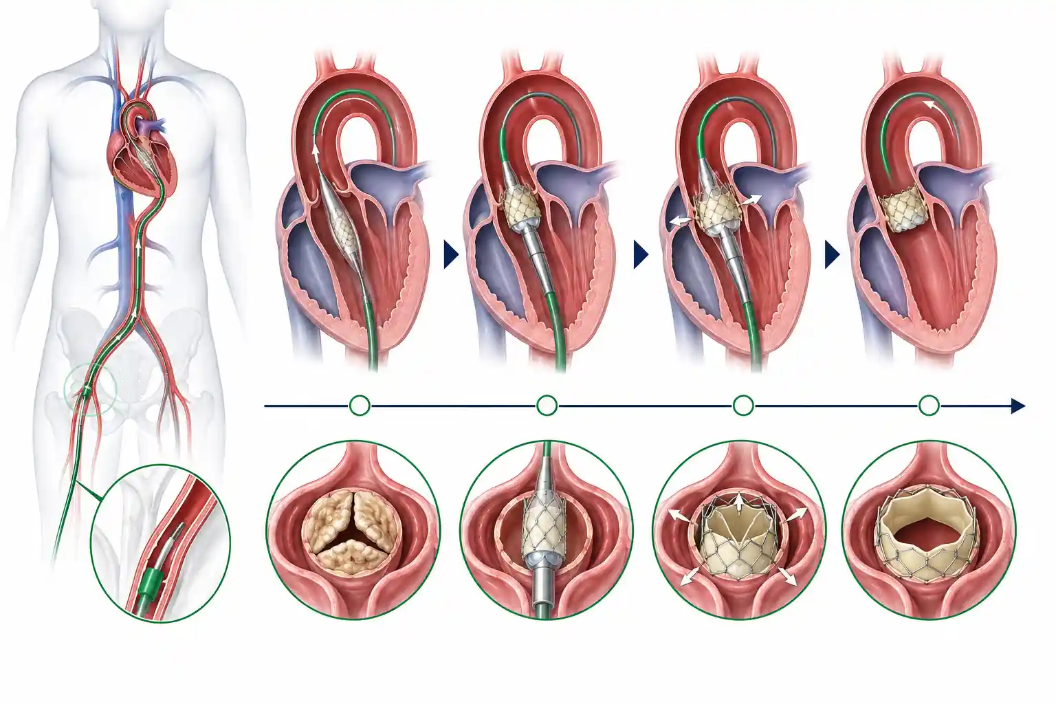 Diagram of TAVR catheter delivering a new aortic valve through the femoral artery to the heart