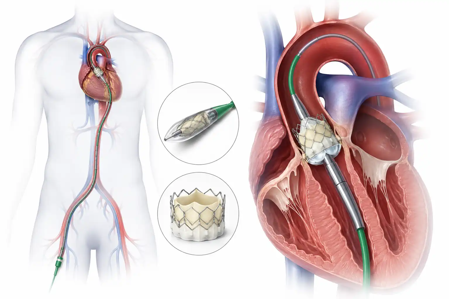 TAVR TAVI transcatheter aortic valve replacement illustration showing catheter delivering new valve to the heart