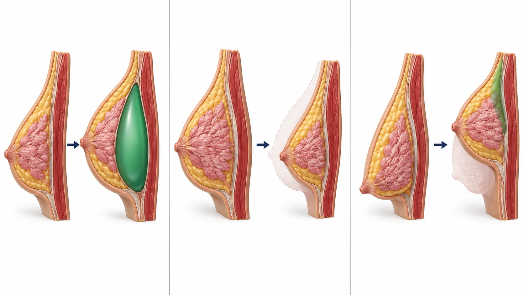 Diagram comparing breast augmentation, reduction and lift surgical approaches