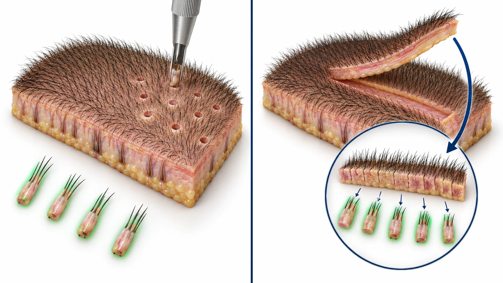 Diagram comparing FUE follicle-by-follicle extraction and FUT strip harvesting techniques