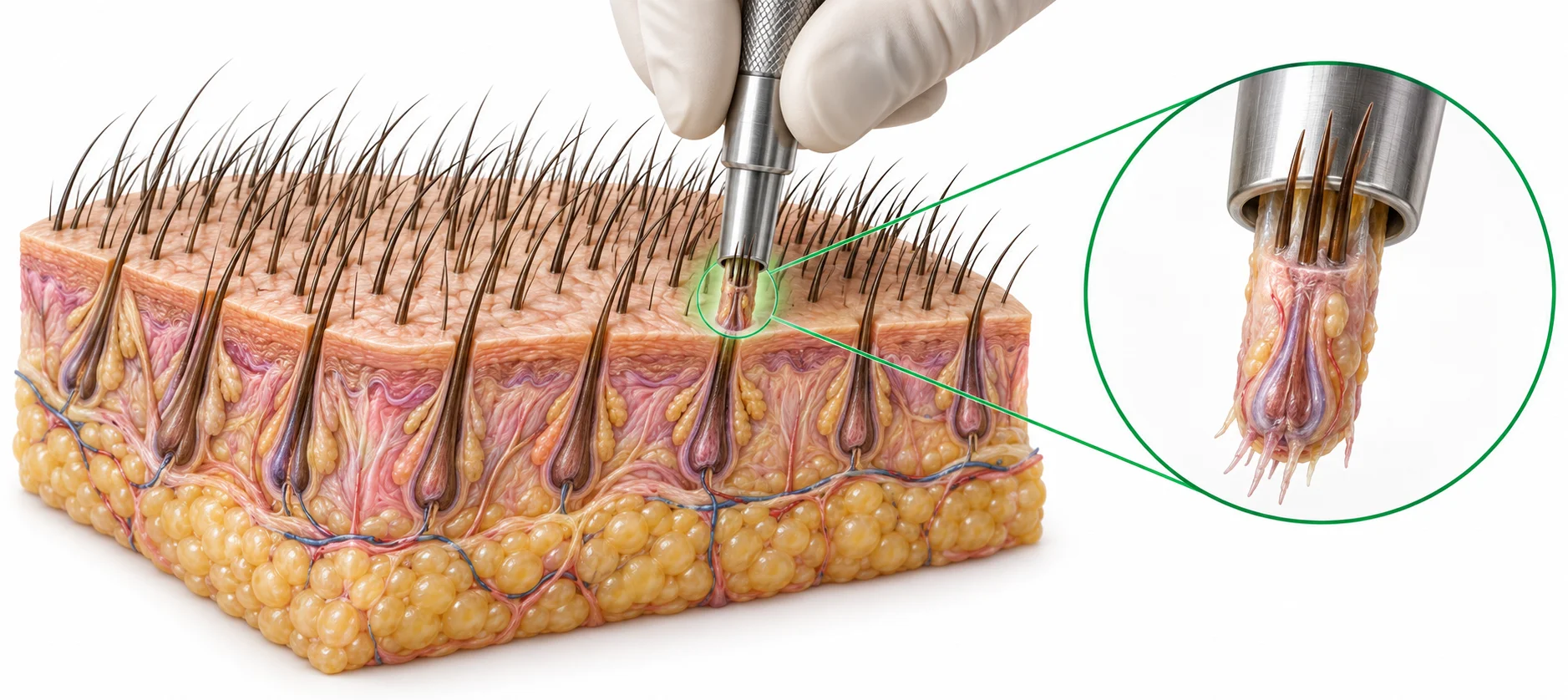 Hair transplant cost in India illustration showing FUE follicle extraction and transplantation