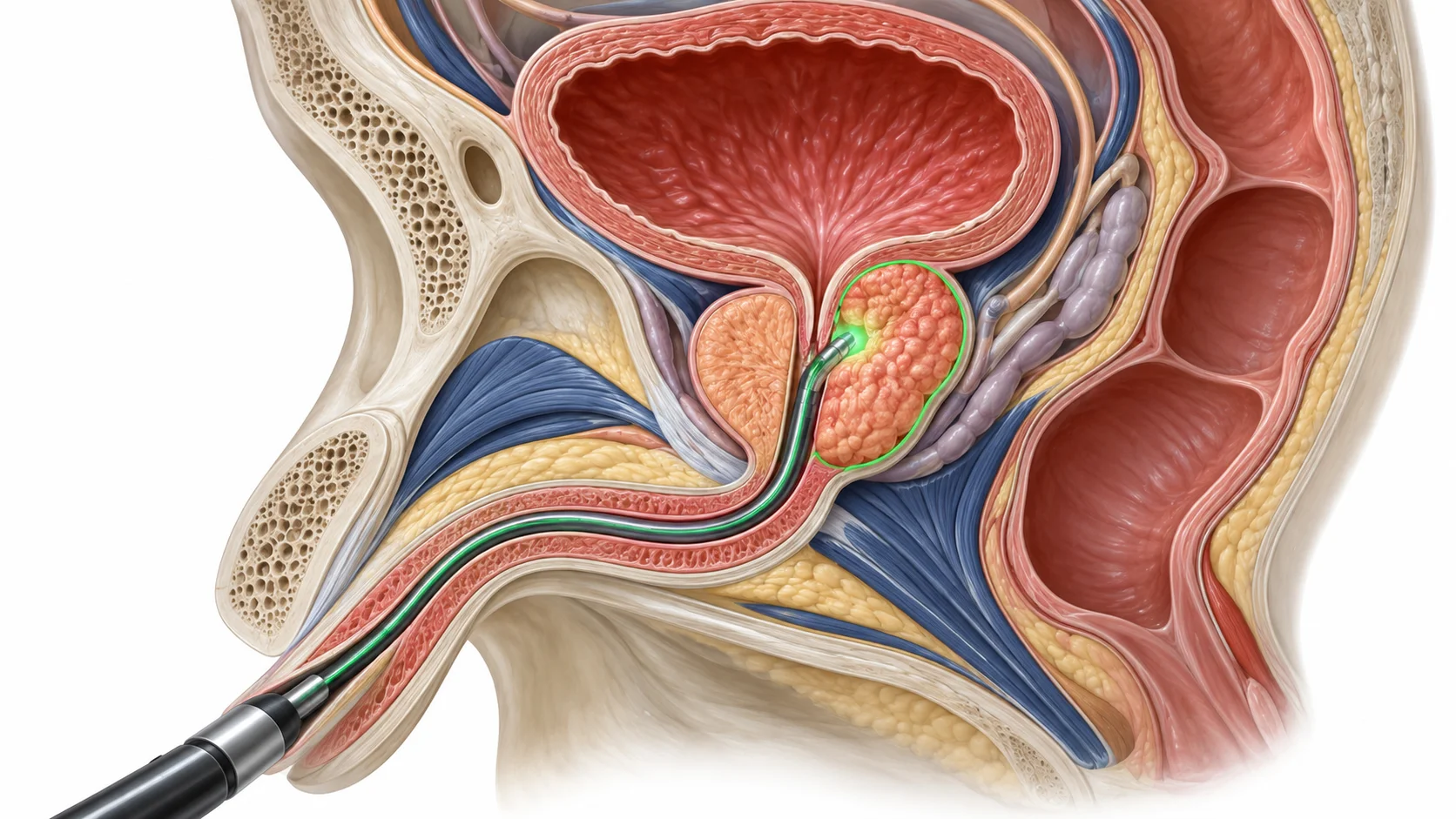 Diagram of HoLEP and TURP endoscopic prostate surgery access through the urethra