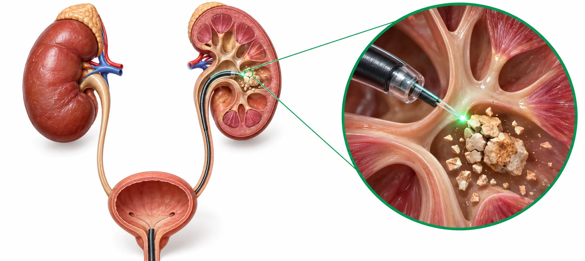 Kidney stone removal cost in India illustration showing laser lithotripsy fragmenting a kidney stone
