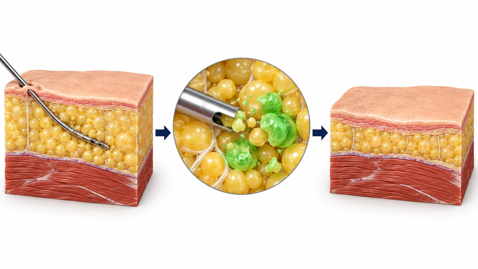 Diagram of liposuction showing cannula technique for fat cell removal under the skin