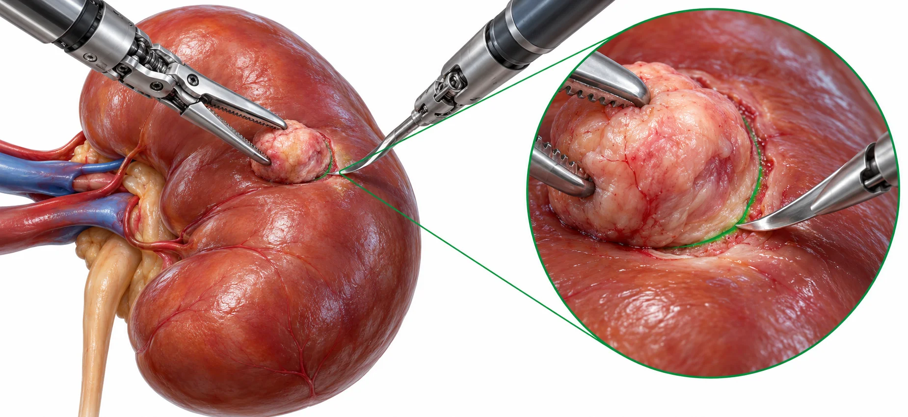 Nephrectomy cost in India illustration showing robotic partial kidney surgery preserving healthy tissue