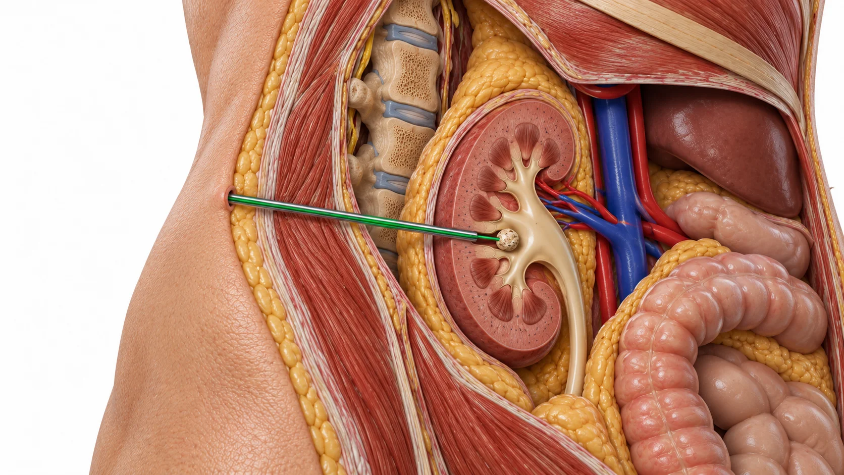 Diagram of PCNL percutaneous access route through the skin into the kidney