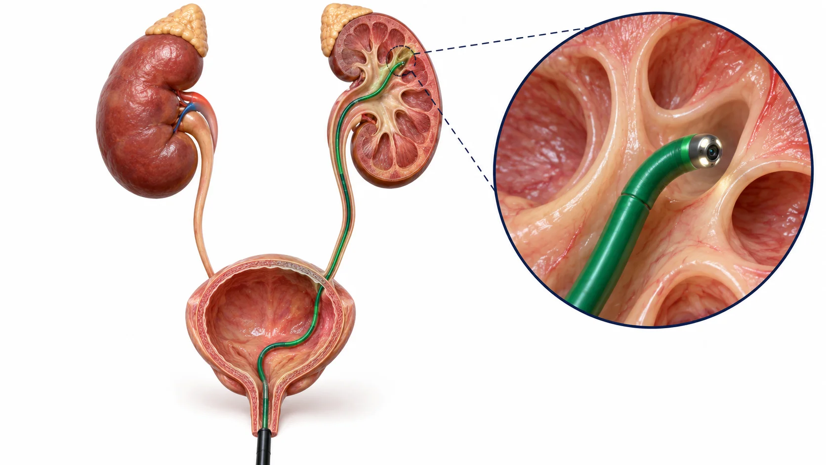 Diagram of URS and RIRS ureteroscope access routes to the ureter and kidney